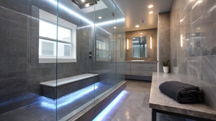 Modern luxury bathroom with a glass shower enclosure, polished stone, and subtle LED lighting. 
