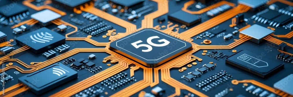 Poster close up of a 5g chip integrated into a complex electronic circuit board, symbolizing advanced netwo