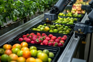 Fresh apples on a conveyor belt in a modern fruit processing factory