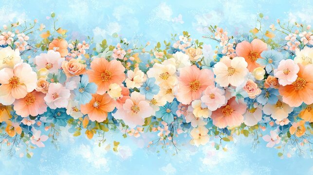 Pastel watercolor floral seamless pattern delicate pink peach white blossoms soft blue background romantic feminine design textile wallpaper print