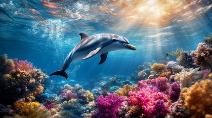 Obraz premium Dolphin swims gracefully amidst vibrant coral reef, sunlight streams