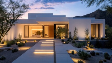 Modern minimalist exterior with white facades, clean geometry, and subtle, integrated lighting.  