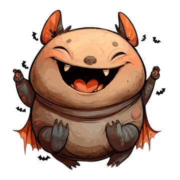 Vector illustration of a chubby chupacabra with a round belly and tiny fangs, cute cryptid