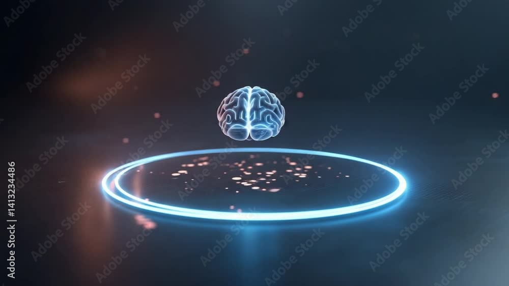 Poster digital mind: a futuristic representation of the human brain, illuminated by a blue light within a d