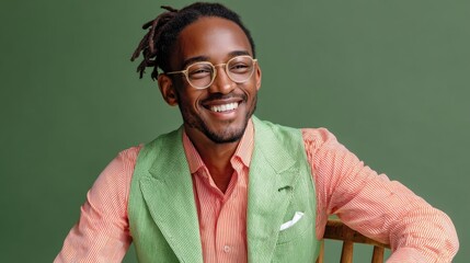 Man wearing a green vest and glasses is smiling. He is sitting on a chair. Concept of happiness and contentment