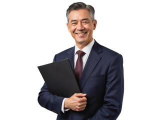 Business portrait isolated on white transparent background: A mature Asian man in a dark suit and tie confidently smiles while holding a black portfolio against a neutral background.