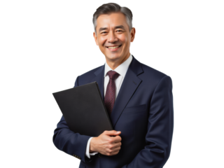 Business portrait isolated on white transparent background: A mature Asian man in a dark suit and tie confidently smiles while holding a black portfolio against a neutral background.