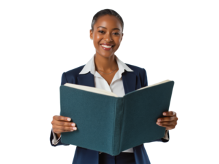 Business portrait isolated on white transparent background: A confident Black woman in a navy blazer and white shirt smiles while holding an open book.