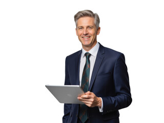 Business portrait isolated on white transparent background: A mature man in a dark suit and tie confidently holds a tablet while smiling directly at the camera against a plain white background.