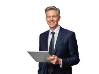 Business portrait isolated on white transparent background: A mature man in a dark suit and tie confidently holds a tablet while smiling directly at the camera against a plain white background.