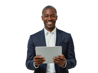 Business portrait isolated on white transparent background: A smiling Black man in a navy suit holds a tablet, looking directly at the camera with confidence.