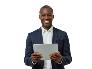 Business portrait isolated on white transparent background: A smiling Black man in a navy suit holds a tablet, looking directly at the camera with confidence.
