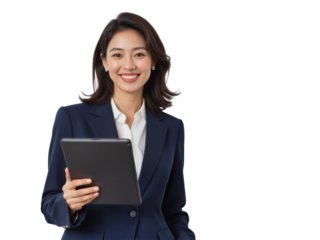 Business portrait isolated on white transparent background: A smiling Asian woman in a navy blazer and white shirt confidently holds a tablet against a plain white background.