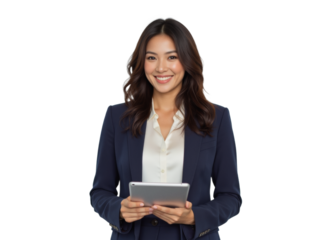 Business portrait isolated on white transparent background: A smiling Asian woman in a navy blazer and white shirt confidently holds a tablet while looking directly at the viewer against a clean whi
