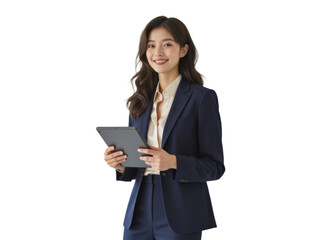 Business portrait isolated on white transparent background: A confident young Asian woman in a navy suit holds a tablet and smiles while leaning against a white wall.