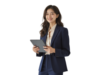 Business portrait isolated on white transparent background: A confident young Asian woman in a navy suit holds a tablet and smiles while leaning against a white wall.
