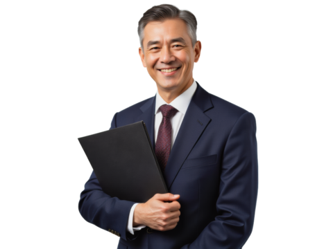 Business portrait isolated on white transparent background: A mature Asian man in a dark suit and tie confidently smiles while holding a black portfolio against a neutral background.