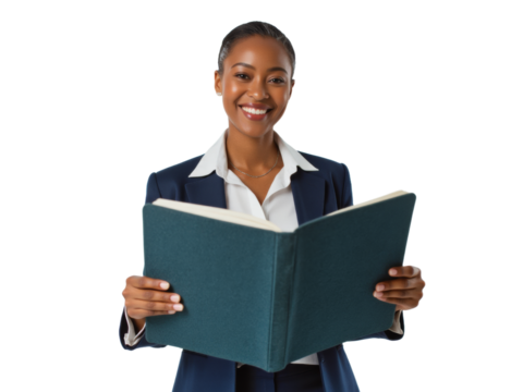 Business portrait isolated on white transparent background: A confident Black woman in a navy blazer and white shirt smiles while holding an open book.