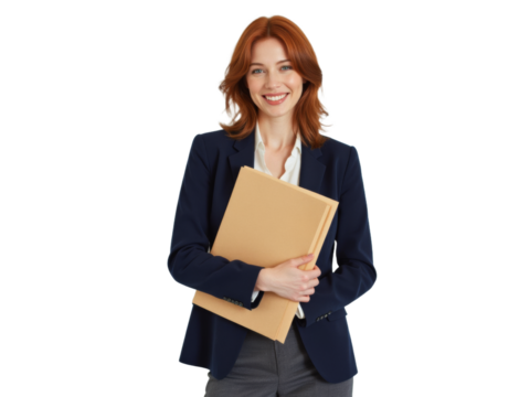 Business portrait isolated on white transparent background: A smiling woman with red hair, dressed in a navy blazer and white shirt, confidently holds a folder while standing against a white backdro