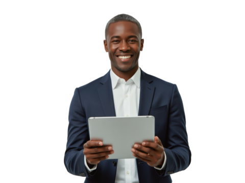Business portrait isolated on white transparent background: A smiling Black man in a navy suit holds a tablet, looking directly at the camera with confidence. - Powered by Adobe