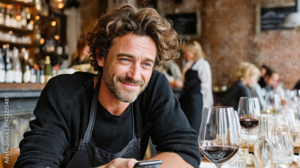 Poster man is sitting at a table with a glass of wine in front of him. he is smiling and holding a cell pho