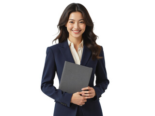 Business portrait isolated on white transparent background: A smiling Asian woman in a navy suit holds a clipboard, exuding confidence and professionalism against a clean white background.