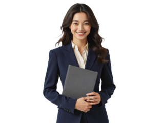 Business portrait isolated on white transparent background: A smiling Asian woman in a navy suit holds a clipboard, exuding confidence and professionalism against a clean white background.