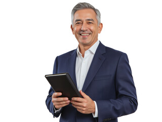 Business portrait isolated on white transparent background: A mature man with graying hair smiles confidently while holding a tablet and wearing a navy blue suit.
