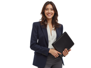 Business portrait isolated on white transparent background: A confident young woman in a professional suit smiles warmly while holding a portfolio, exuding an air of competence and success against a