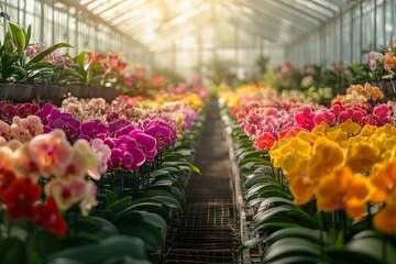 Fototapeta premium Colorful blooming tulips in a large commercial greenhouse during daylight