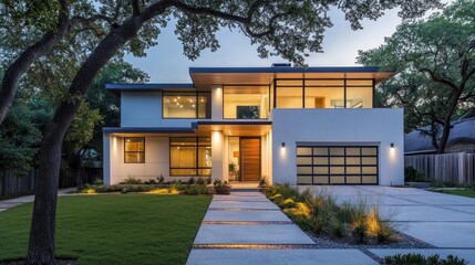 Modern minimalist exterior with white facades, clean geometry, and subtle, integrated lighting.  