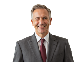 Business portrait isolated on white transparent background: A mature, gray-haired man in a suit smiles confidently at the camera against a plain white background.