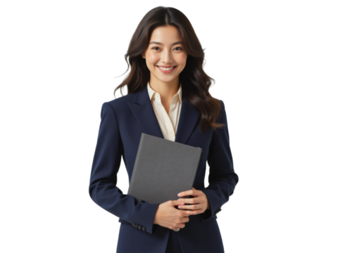 Business portrait isolated on white transparent background: A smiling Asian woman in a navy suit holds a clipboard, exuding confidence and professionalism against a clean white background.