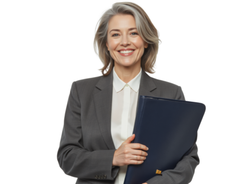 Business portrait isolated on white transparent background: A confident woman with graying hair smiles directly at the camera while holding a dark blue folder and wearing a professional gray suit wi