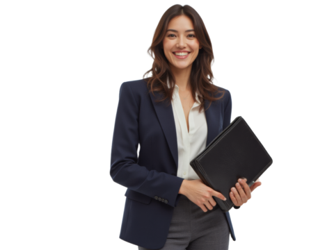 Business portrait isolated on white transparent background: A confident young woman in a professional suit smiles warmly while holding a portfolio, exuding an air of competence and success against a