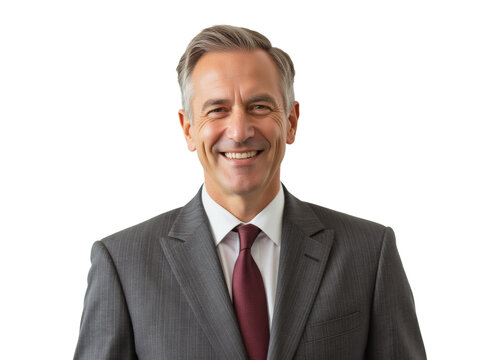 Business portrait isolated on white transparent background: A mature, gray-haired man in a suit smiles confidently at the camera against a plain white background.