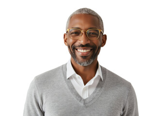Business portrait isolated on white transparent background: A confident, smiling older Black man with graying hair and glasses looks directly at the camera wearing a sweater and collared shirt.