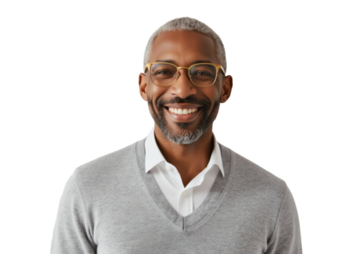 Business portrait isolated on white transparent background: A confident, smiling older Black man with graying hair and glasses looks directly at the camera wearing a sweater and collared shirt.