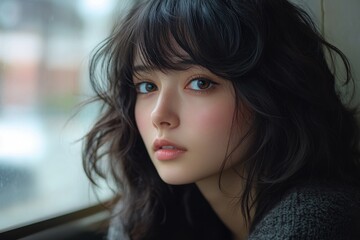 Fototapeta premium Portrait of a young woman with wavy hair and intense look