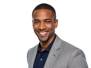 Business portrait isolated on white transparent background: A smiling Black man wearing a gray blazer over a navy polo shirt confidently looks at the camera against a clean white background.