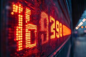 Electronic stock market ticker board with red digital numbers and prices