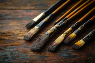 Fototapeta premium Set of various metal chisels arranged on an old wooden workbench