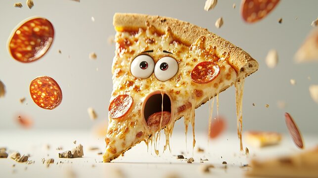 A cartoonish slice of pizza with eyes and a surprised expression, surrounded by flying pepperoni and cheese, creating a fun atmosphere.