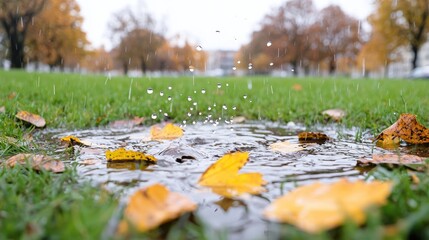 Fototapeta premium Autumn leaves on green grass serene nature photography background image