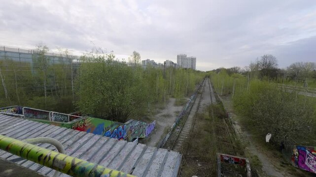 Abandoned Munich Olympiastadion station, Germany. Built Bahn to serve 1972 Summer Olympics, now out of operation. Ghost station located near Olympiapark in Munchen, Deutschland. S-Bahn Geisterbahnhof