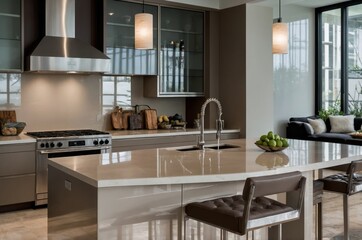 A modern kitchen displays an island and counter appliances