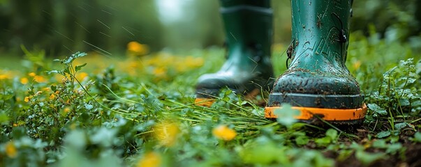 Close-up of rain boots walking through a vibrant field of wildflowers
