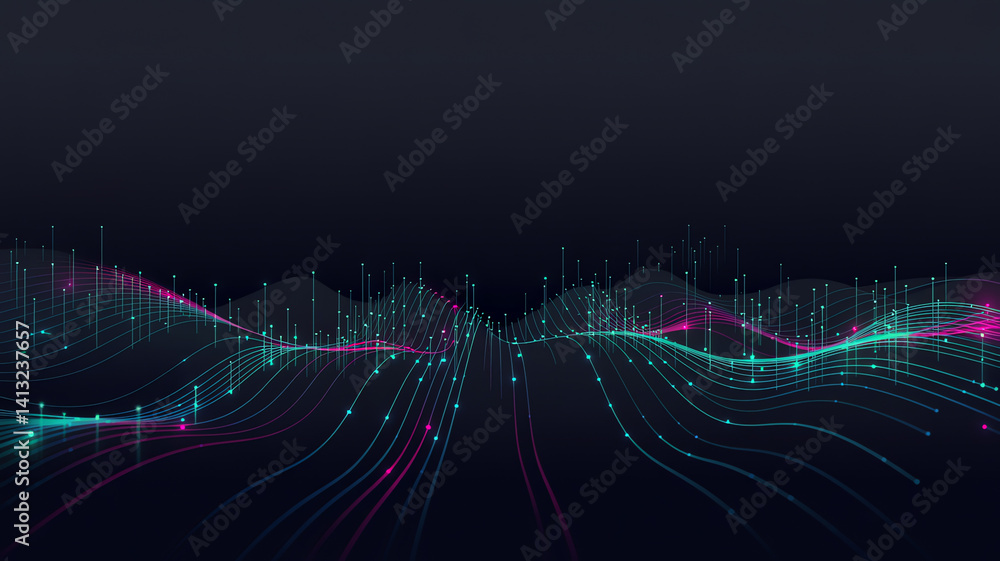 Poster colorful wave patterns on dark background - audio or data visualization