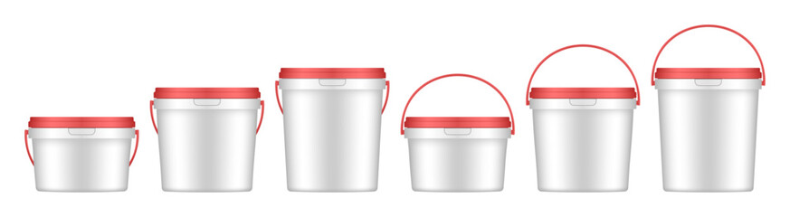 White plastic buckets with red handle and lid. Vector mockup of a food or building mixtures packaging. A bucket of paint or putty. Small, medium and large sizes © Irina Shats