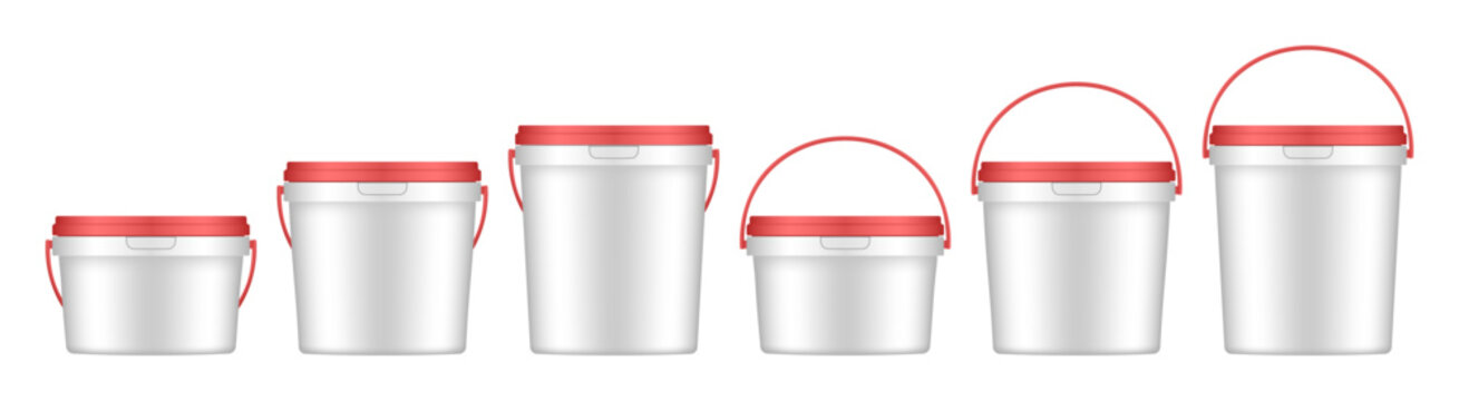 White plastic buckets with red handle and lid. Vector mockup of a food or building mixtures packaging. A bucket of paint or putty. Small, medium and large sizes